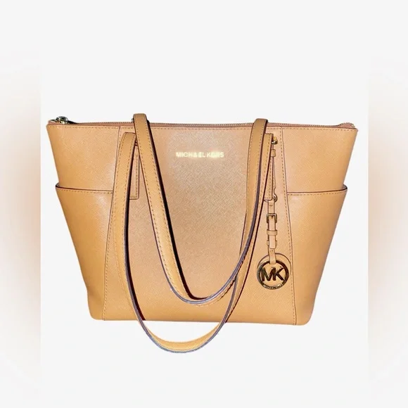 Michael Kors Charlotte Tan/Brown Jet Set Saffiano Leather Top Zip Tote Handbag - Picture 6 of 10